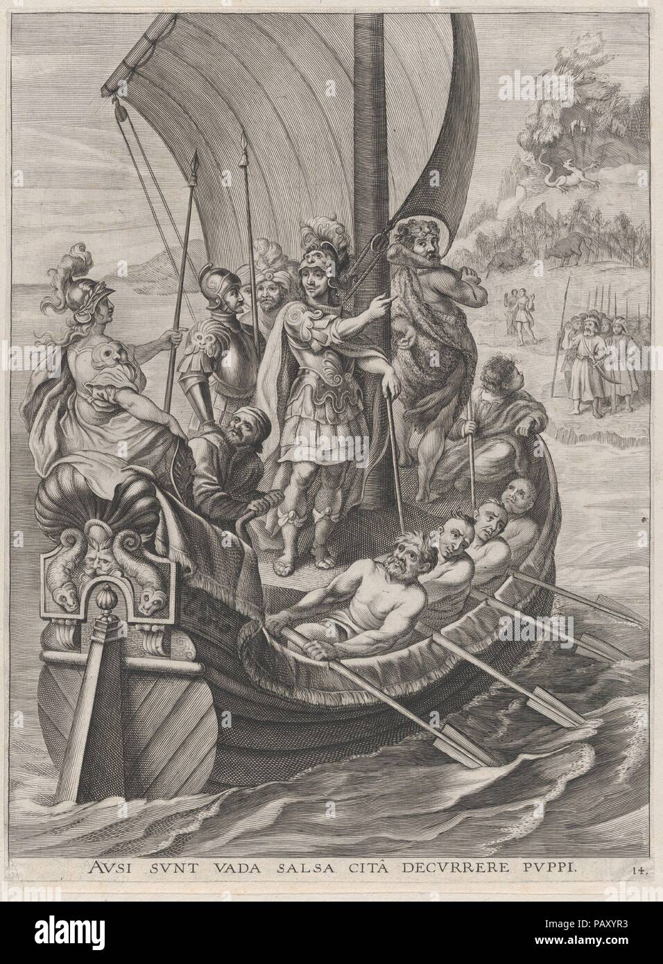 Plate 14: Ferdinand on a voyage with the Argonauts; from Guillielmus Becanus's 'Serenissimi Principis Ferdinandi, Hispaniarum Infantis...'. Artist: Jacobus van Schoor (Flemish, active Antwerp, 1633). Dimensions: Sheet (Trimmed): 14 13/16 × 10 7/8 in. (37.7 × 27.7 cm). Published in: Antwerp. Publisher: Johannes Meursius (Flemish, active 1620-47). Date: 1636.  On January 28, 1635, the city of Ghent celebrated the entry of Cardinal-Infante Ferdinand of Spain, the recently appointed governor of the Southern Netherlands. A group of Flemish artists were commissioned to create paintings for the decor Stock Photo