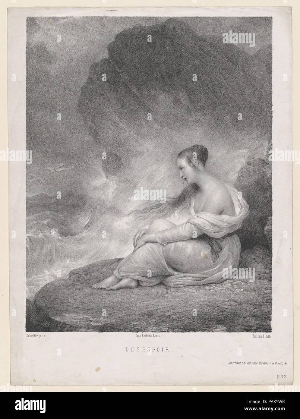 Despair. Artist: After Ary Scheffer (Dutch, Dordrecht 1795-1858 Argenteuil (active France)). Dimensions: Sheet: 12 13/16 × 9 9/16 in. (32.5 × 24.3 cm)  Image: 10 1/8 × 12 7/8 in. (25.7 × 32.7 cm). Lithographer: Zéphirin Belliard (French, 1798-1861). Printer: Bertauts. Date: 1830-58. Museum: Metropolitan Museum of Art, New York, USA. Stock Photo