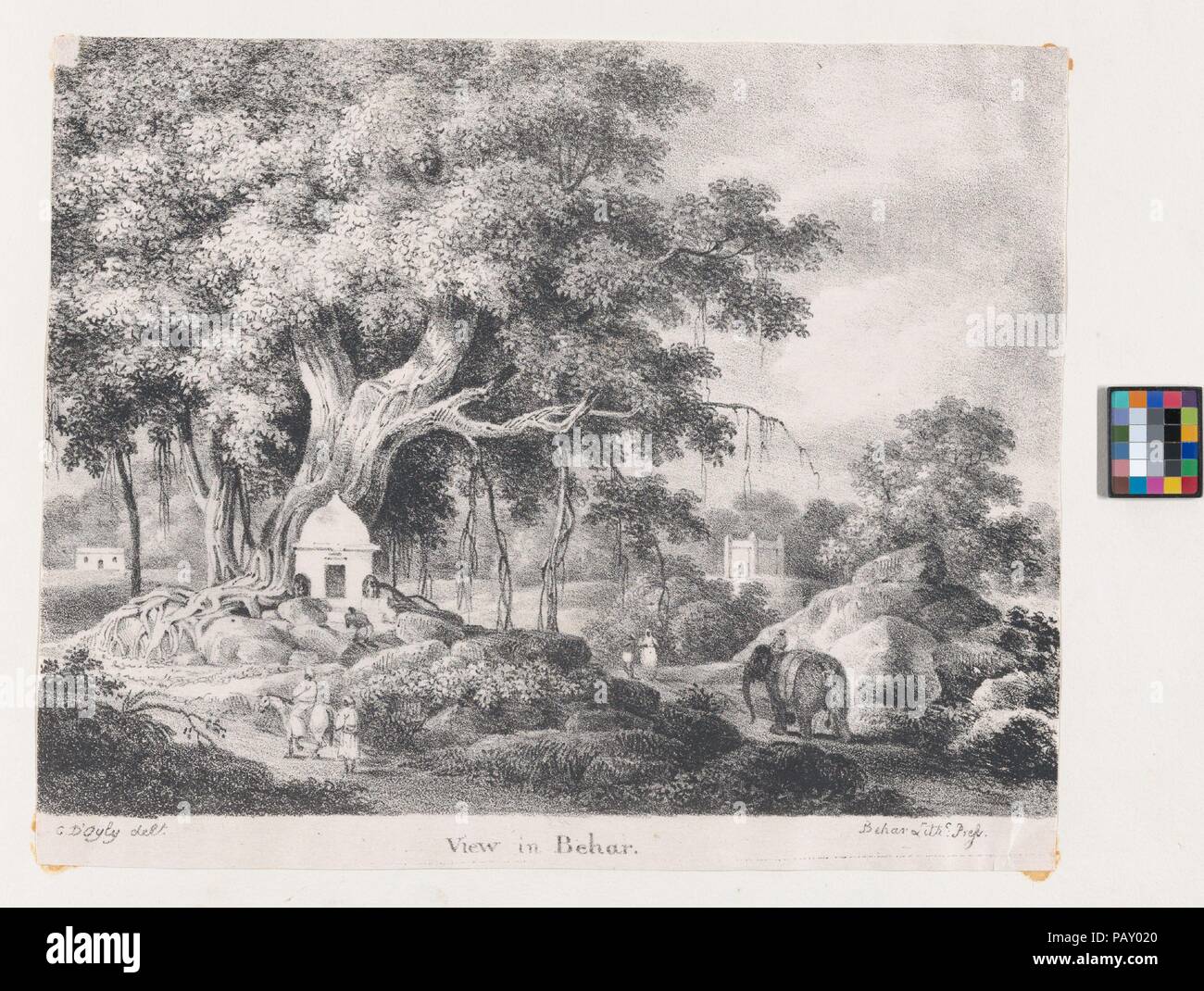 View in Behar, in an Anglo-Indian Album associated with Sir Charles D'Oyly. Artist: Sir Charles D'Oyly (British (born India), Murshidabad 1781-1845 Florence). Dimensions: Sheet: 5 15/16 x 7 3/8 in. (15.1 x 18.7 cm). Printer: Behar Lithographic Press (Bihar, India). Date: ca. 1828.  Born to English parents in Bengal, D'Oyly followed his father into the civil service. By 1820 he was the East India Company's opium agent and commercial resident, or tax collector, at Patna, on the Ganges River in Bihar, northeast India. An avid and accomplished amateur artist, whose 'pencil like his hookah-snake wa Stock Photo