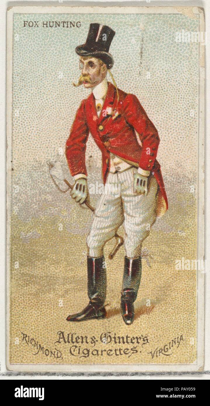 Fox Hunting, from World's Dudes series (N31) for Allen & Ginter Cigarettes. Dimensions: Sheet: 2 3/4 x 1 1/2 in. (7 x 3.8 cm). Publisher: Allen & Ginter (American, Richmond, Virginia). Date: 1888.  Trade cards from the 'World's Dudes' series (N31), issued in 1888 in a set of 50 cards to promote Allen & Ginter brand cigarettes. Museum: Metropolitan Museum of Art, New York, USA. Stock Photo