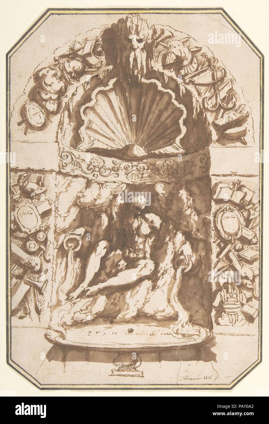 A Fountain in a Grotto. Artist: Giovanni Guerra (Italian, Modena 1544-1618 Rome). Dimensions: maximum, corners cut to octagonal shape: 10 3/4 × 7 1/4 in. (27.3 × 18.4 cm). Date: ca. 1598.  During the 16th century, Italian nobles developed a taste for artificial grottoes in their gardens and sometimes even in their houses. Artists, such as Giambologna and Bernardo Buontalenti became very skilled in inventing landscapes of rocks and shells often inhabited by amphibians, invertebrates and other animals. The aquatic nature of most of these grottoes also lent itself well to the inclusion of fountai Stock Photo