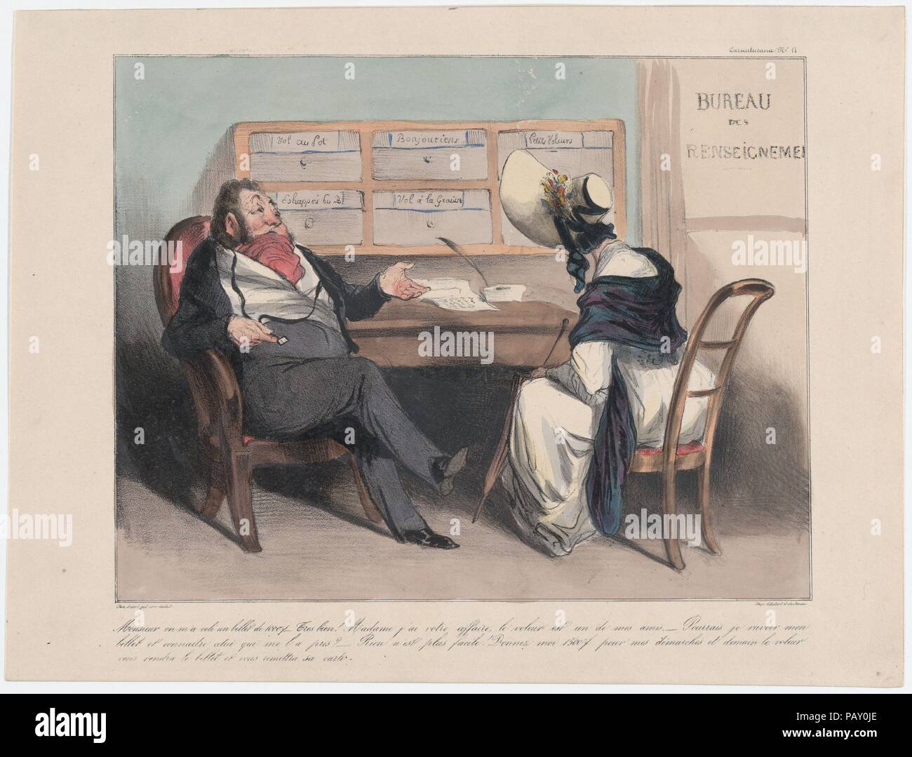 Plate 11: Someone stole a thousand franc note from me, Monsieur..., from 'Caricaturana,' published in Les Robert Macaires. Artist: Honoré Daumier (French, Marseilles 1808-1879 Valmondois). Author: Charles Philipon (French, Lyons 1800-1862 Paris). Dimensions: Image: 8 1/8 × 10 3/8 in. (20.6 × 26.3 cm)  Sheet: 10 3/16 × 13 7/16 in. (25.9 × 34.1 cm). Printer: Aubert et Cie; Junca. Publisher: Aubert et Cie. Series/Portfolio: 'Caricaturana'. Date: 1838.  - Someone stole a thousand franc note from me, Monsieur.   - Very well! I have your case in hand, Madame. The thief is one of my friends.   - Then Stock Photo