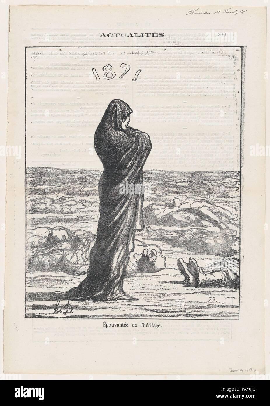 Dismayed with her legacy, from 'News of the day,' published in Le Charivari, January 11, 1871. Artist: Honoré Daumier (French, Marseilles 1808-1879 Valmondois). Dimensions: Image: 9 1/8 × 7 1/8 in. (23.1 × 18.1 cm)  Sheet: 12 1/4 × 8 3/4 in. (31.1 × 22.2 cm). Series/Portfolio: 'News of the day' (Actualités). Date: January 11, 1871. Museum: Metropolitan Museum of Art, New York, USA. Stock Photo