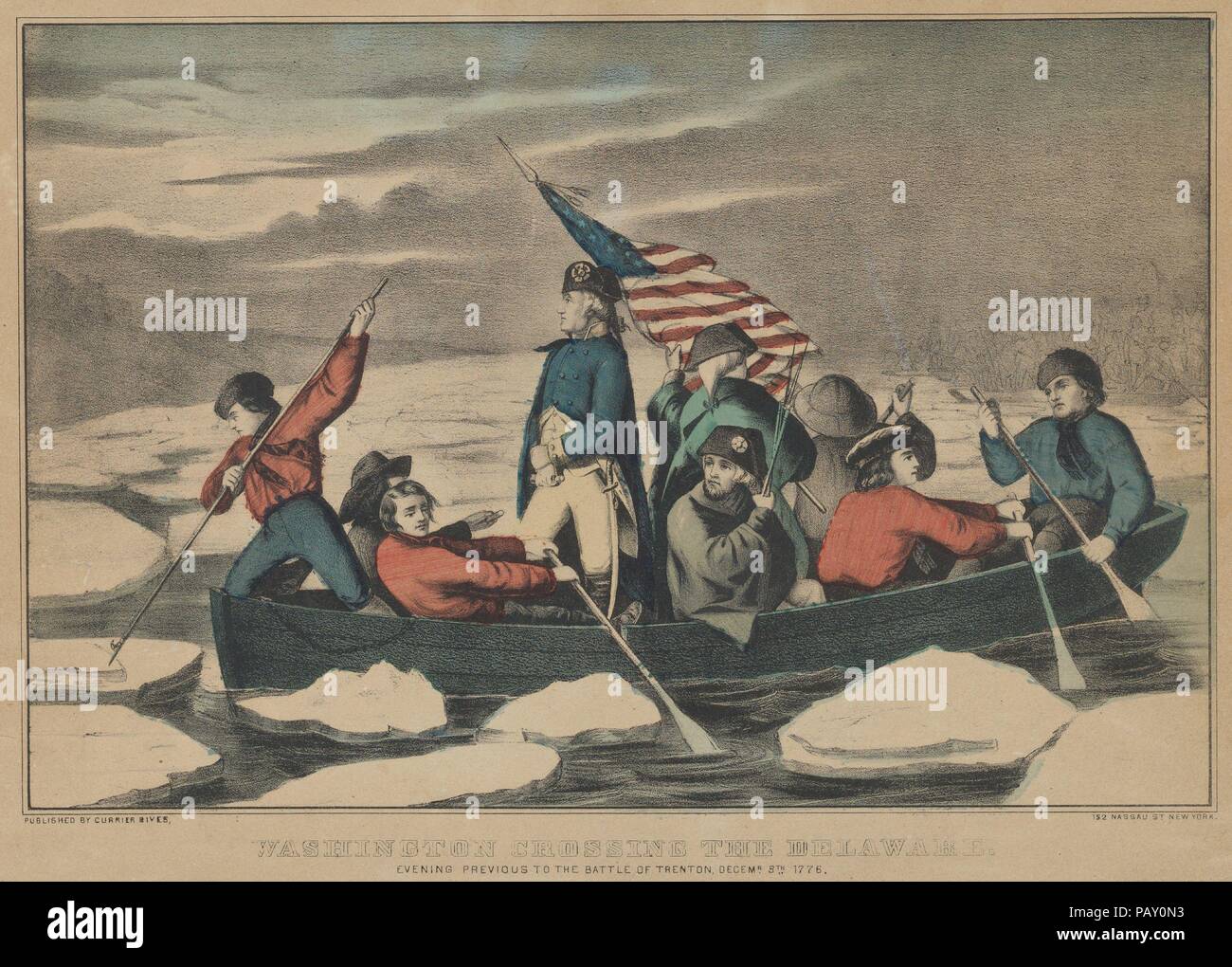 Washington Crossing the Delaware - Evening Previous to the Battle of Trenton, December 5th, 1776. Dimensions: Image: 8 3/16 × 12 1/2 in. (20.8 × 31.7 cm)  Sheet: 10 1/16 × 14 3/16 in. (25.5 × 36 cm). Publisher: Currier & Ives (American, active New York, 1857-1907). Sitter: George Washington (American, 1732-1799). Date: 1857-71.  Scene from the American Revolution. George Washington stands in boat crossing the icy river. Eight soldiers accompany Washington in the boat, some rowing, one pushing ice out of the way, one holding the American flag aloft. Museum: Metropolitan Museum of Art, New York, Stock Photo