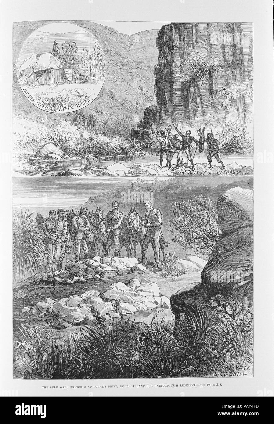 Engraving entitled "The Zulu War. Sketches at Rorke's Drift" showing