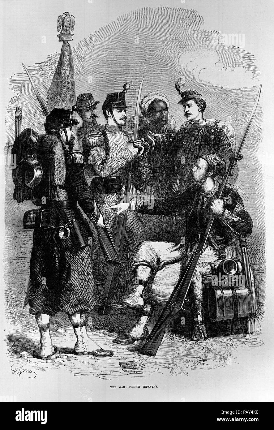 Engraving entitled French infantry from the Franco-Prussian War. From The Illustrated London News (3rd September 1870), pg. 236 Stock Photo