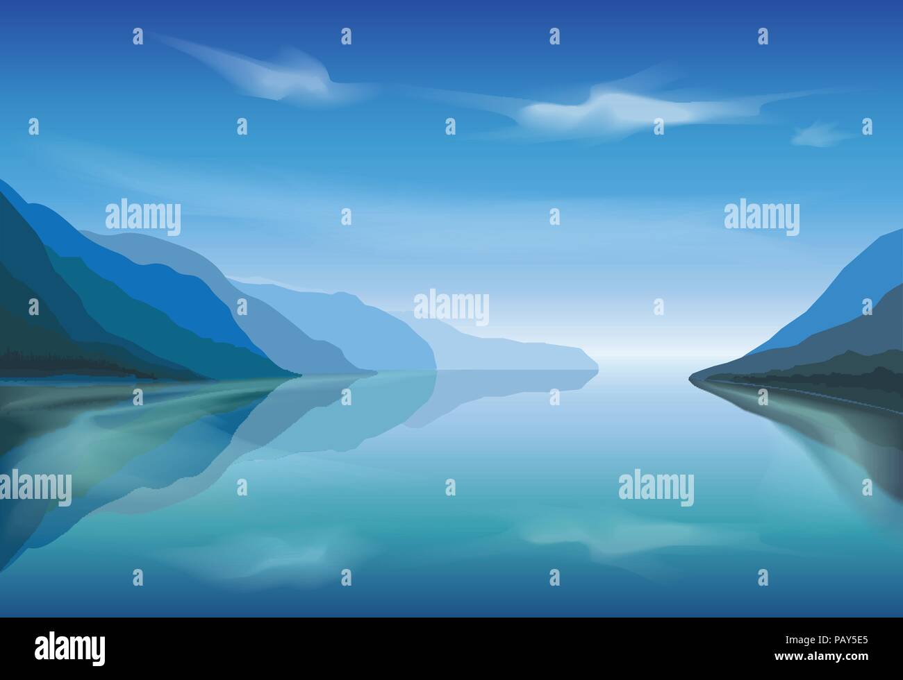 Vector landscape of a mountain lake in the morning Stock Vector