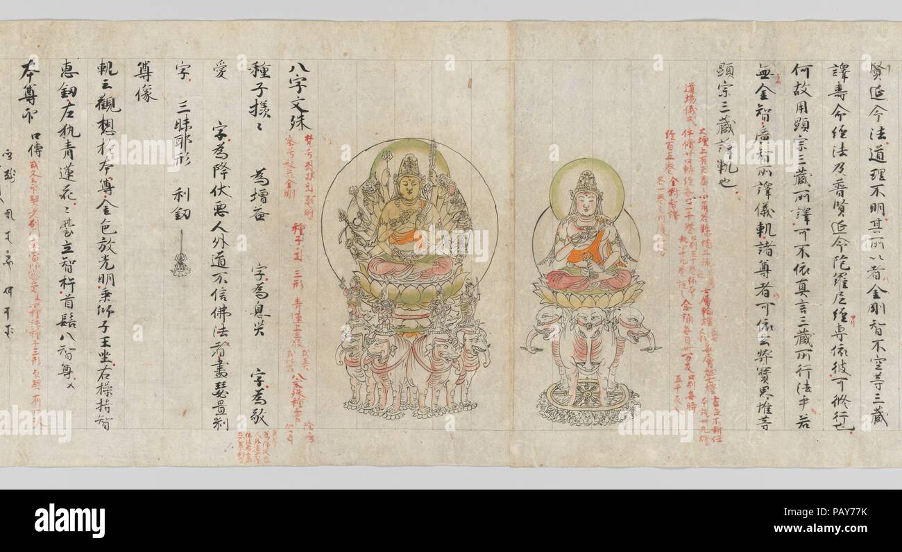 Scroll from the Compendium of Iconographic Drawings (Zuzosho). Culture: Japan. Dimensions: 11 7/8 in. x 25 ft. 7 1/2 in. (30.2 x 781 cm). Date: late 12th century.  The Zuzosho, or Jikkansho, is an encyclopedia of Esoteric Buddhist iconography in ten scrolls. The first edition is datable to the early twelfth century, when multiple versions of the iconography for particular deities made it necessary to assemble and organize a comprehensive guide. This scroll is stylistically close to the oldest extant version of the Zuzosho, housed at Daigoji temple in Kyoto and dating to approximately 1193. Mus Stock Photo