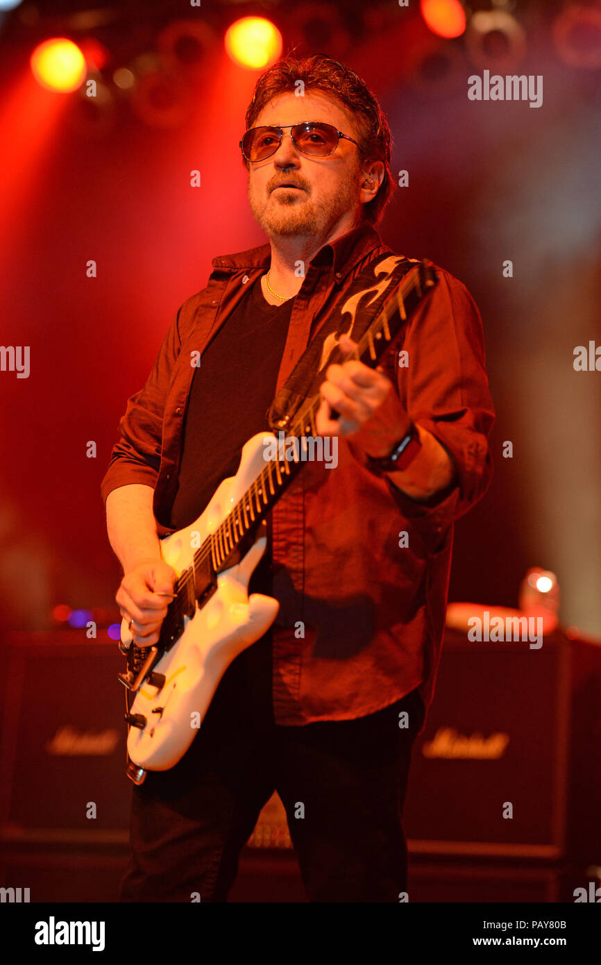 POMPANO BEACH, FL - AUGUST 15: Eric Bloom, Jules Radino and Donald 'Buck Dharma' Roeser of Blue Oyster Cult perform at the Pompano Beach Ampitheatre on August 15, 2015 in Pompano Beach Florida.   People:  Donald Roeser, Buck Dharma Stock Photo