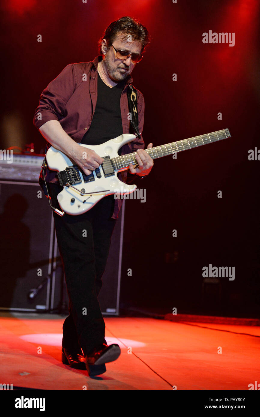 POMPANO BEACH, FL - AUGUST 15: Eric Bloom, Jules Radino and Donald 'Buck Dharma' Roeser of Blue Oyster Cult perform at the Pompano Beach Ampitheatre on August 15, 2015 in Pompano Beach Florida.   People:  Donald Roeser, Buck Dharma Stock Photo