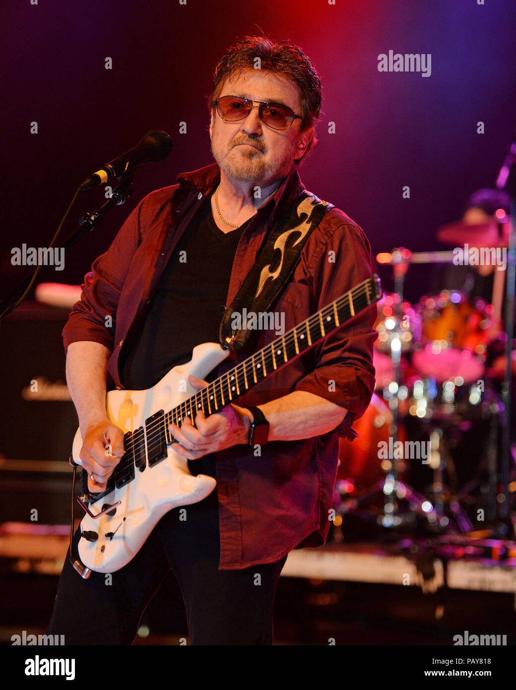 POMPANO BEACH, FL - AUGUST 15: Eric Bloom, Jules Radino and Donald 'Buck Dharma' Roeser of Blue Oyster Cult perform at the Pompano Beach Ampitheatre on August 15, 2015 in Pompano Beach Florida.   People:  Donald Roeser, Buck Dharma Stock Photo