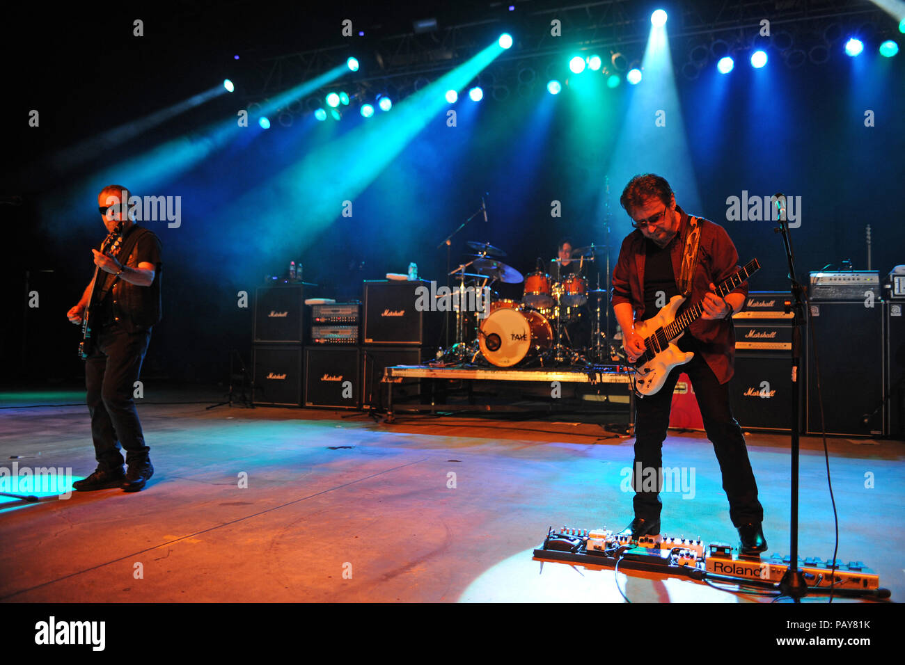 POMPANO BEACH, FL - AUGUST 15: Eric Bloom, Jules Radino and Donald 'Buck Dharma' Roeser of Blue Oyster Cult perform at the Pompano Beach Ampitheatre on August 15, 2015 in Pompano Beach Florida.   People:  Eric Bloom, Jules Radino, Donald Roeser Stock Photo