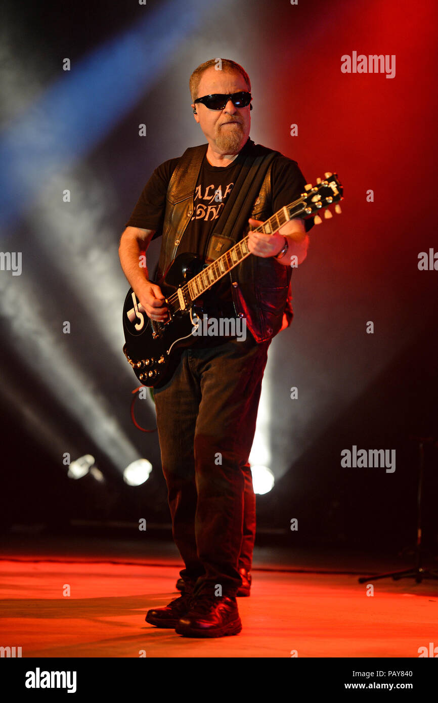 POMPANO BEACH, FL - AUGUST 15: Eric Bloom, Jules Radino and Donald 'Buck Dharma' Roeser of Blue Oyster Cult perform at the Pompano Beach Ampitheatre on August 15, 2015 in Pompano Beach Florida.   People:  Eric Bloom Stock Photo