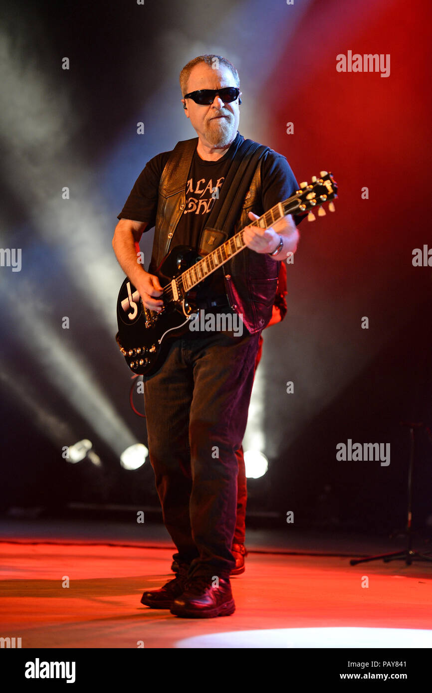 POMPANO BEACH, FL - AUGUST 15: Eric Bloom, Jules Radino and Donald 'Buck Dharma' Roeser of Blue Oyster Cult perform at the Pompano Beach Ampitheatre on August 15, 2015 in Pompano Beach Florida.   People:  Eric Bloom Stock Photo