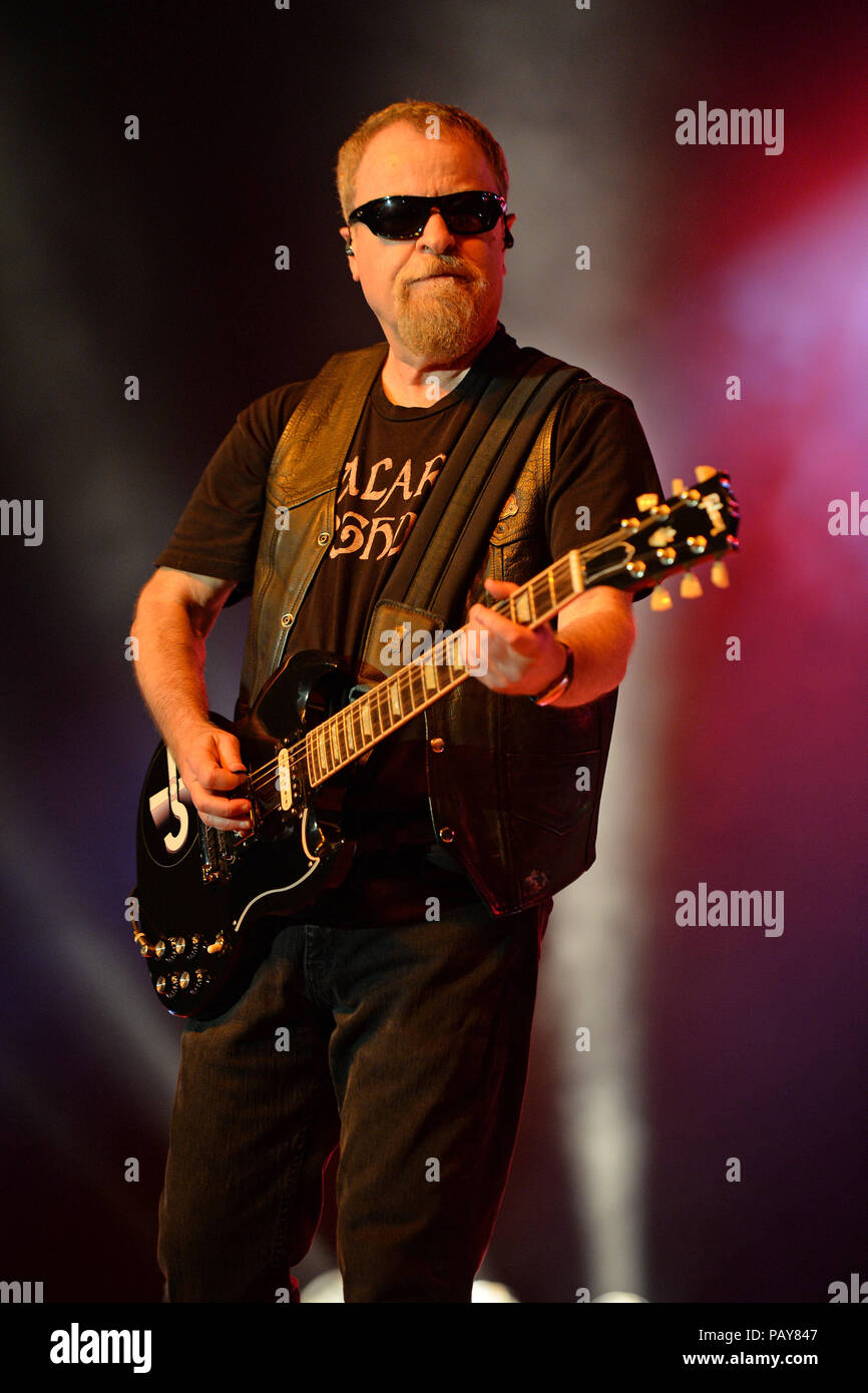 POMPANO BEACH, FL - AUGUST 15: Eric Bloom, Jules Radino and Donald 'Buck Dharma' Roeser of Blue Oyster Cult perform at the Pompano Beach Ampitheatre on August 15, 2015 in Pompano Beach Florida.   People:  Eric Bloom Stock Photo