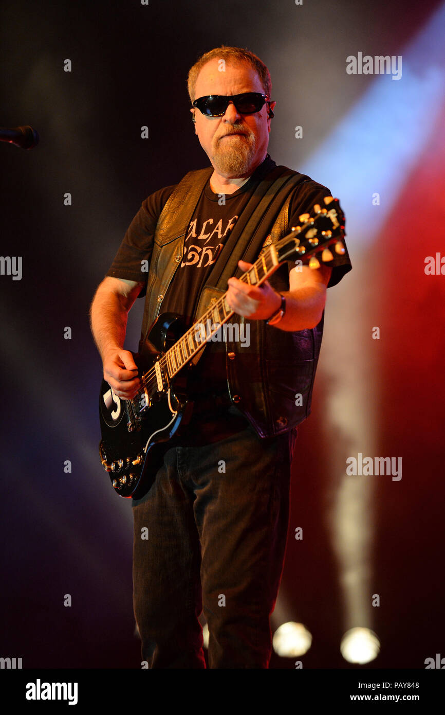 POMPANO BEACH, FL - AUGUST 15: Eric Bloom, Jules Radino and Donald 'Buck Dharma' Roeser of Blue Oyster Cult perform at the Pompano Beach Ampitheatre on August 15, 2015 in Pompano Beach Florida.   People:  Eric Bloom Stock Photo