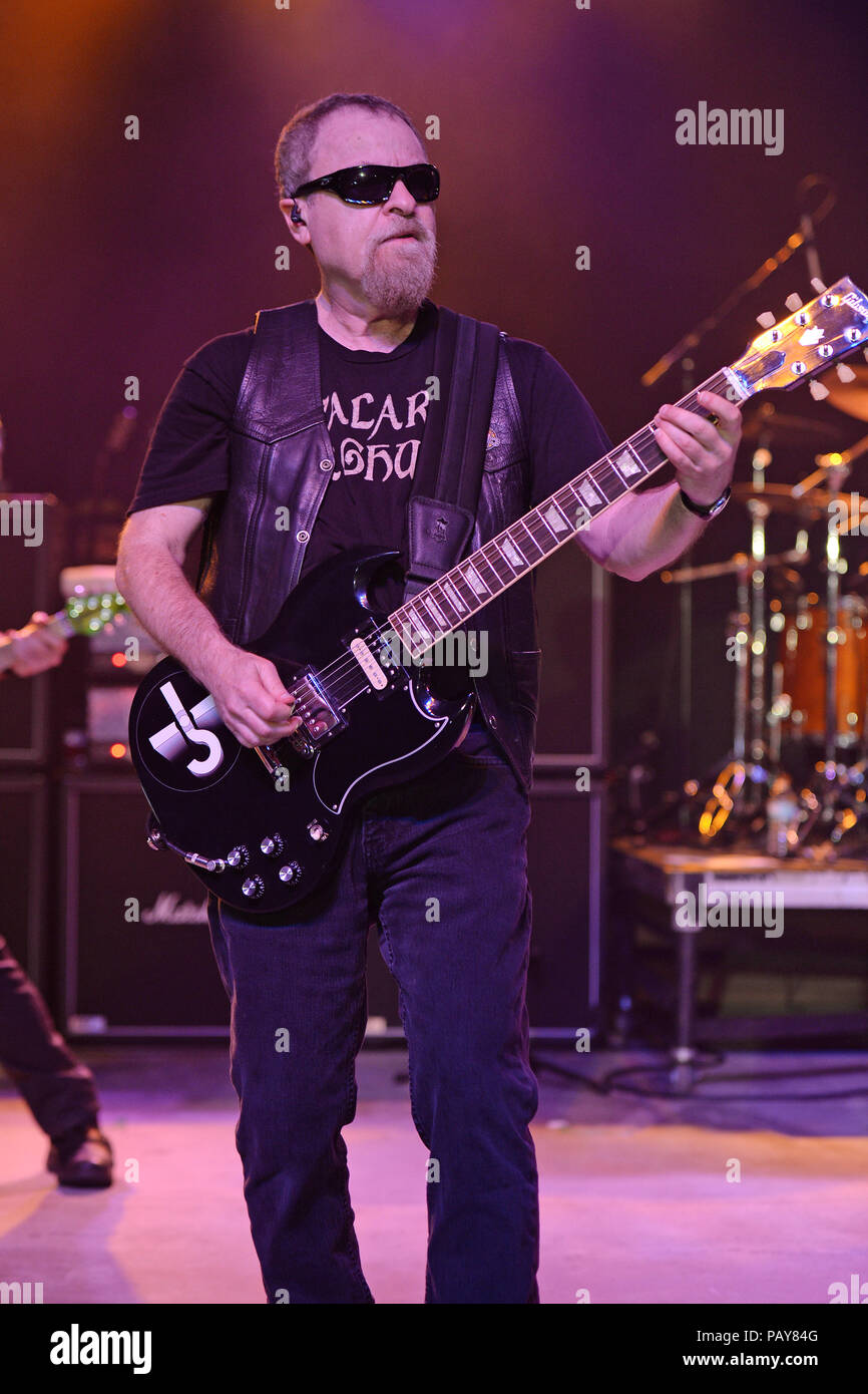 POMPANO BEACH, FL - AUGUST 15: Eric Bloom, Jules Radino and Donald 'Buck Dharma' Roeser of Blue Oyster Cult perform at the Pompano Beach Ampitheatre on August 15, 2015 in Pompano Beach Florida.   People:  Eric Bloom Stock Photo