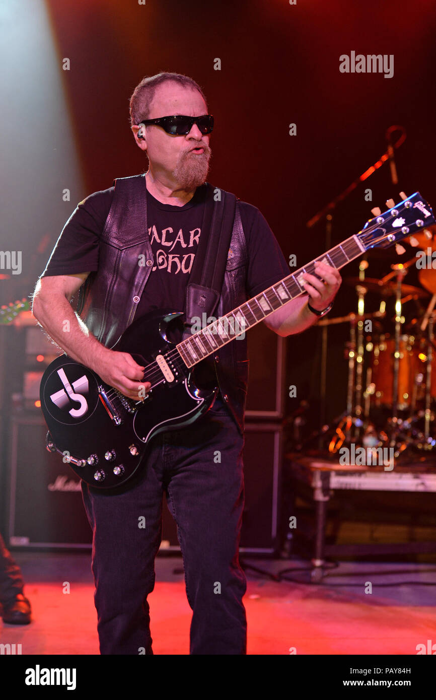 POMPANO BEACH, FL - AUGUST 15: Eric Bloom, Jules Radino and Donald 'Buck Dharma' Roeser of Blue Oyster Cult perform at the Pompano Beach Ampitheatre on August 15, 2015 in Pompano Beach Florida.   People:  Eric Bloom Stock Photo