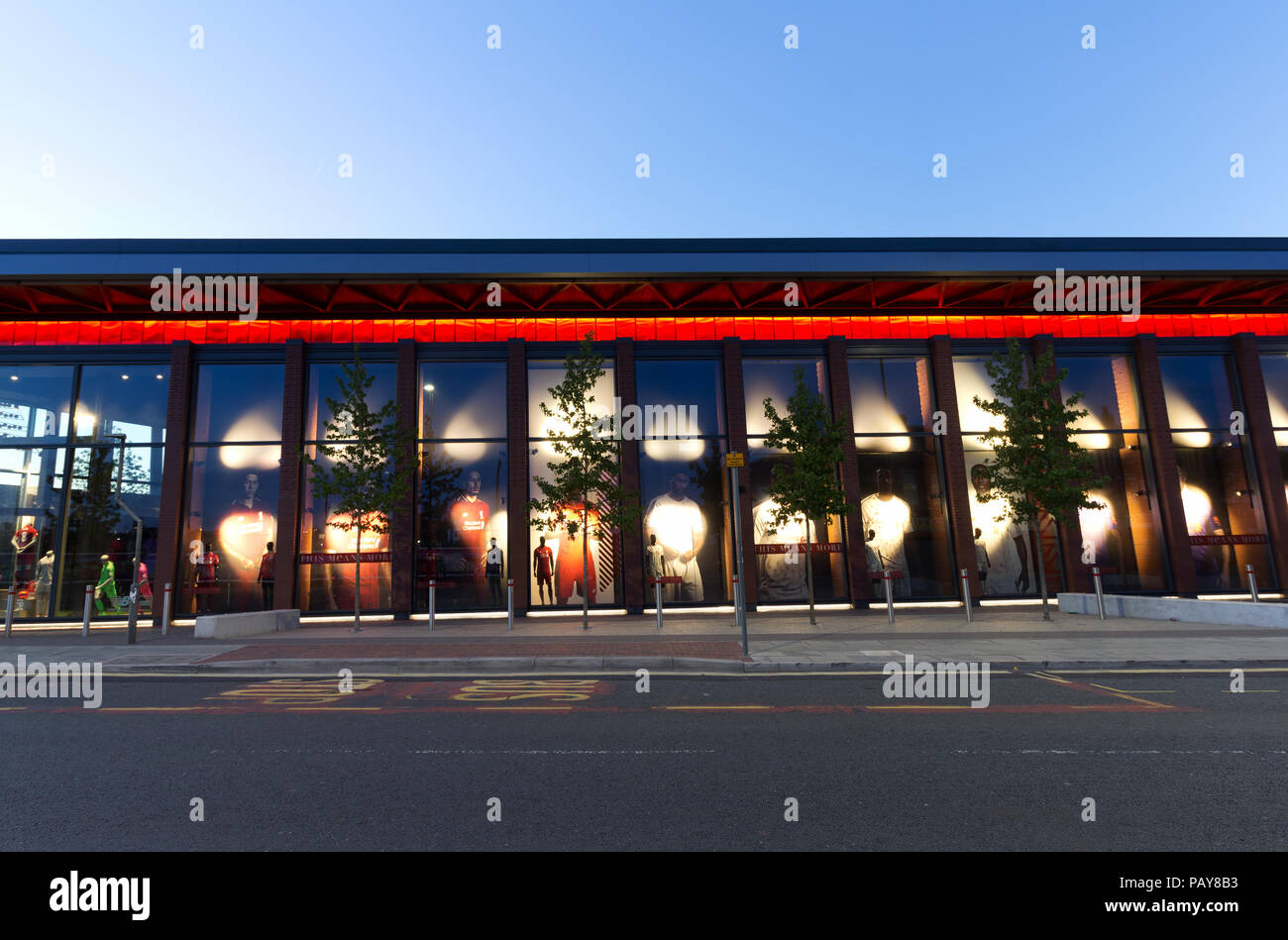 Liverpool Football Clubs stunning new mega store opened in 2018 forms part of the clubs regeneration of the Anfield stadium. Stock Photo