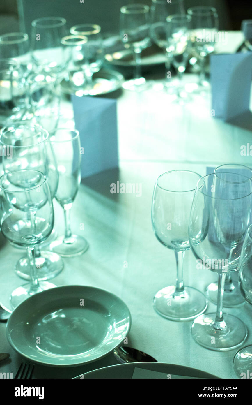 Wedding reception banquet dinner party table place settings set in