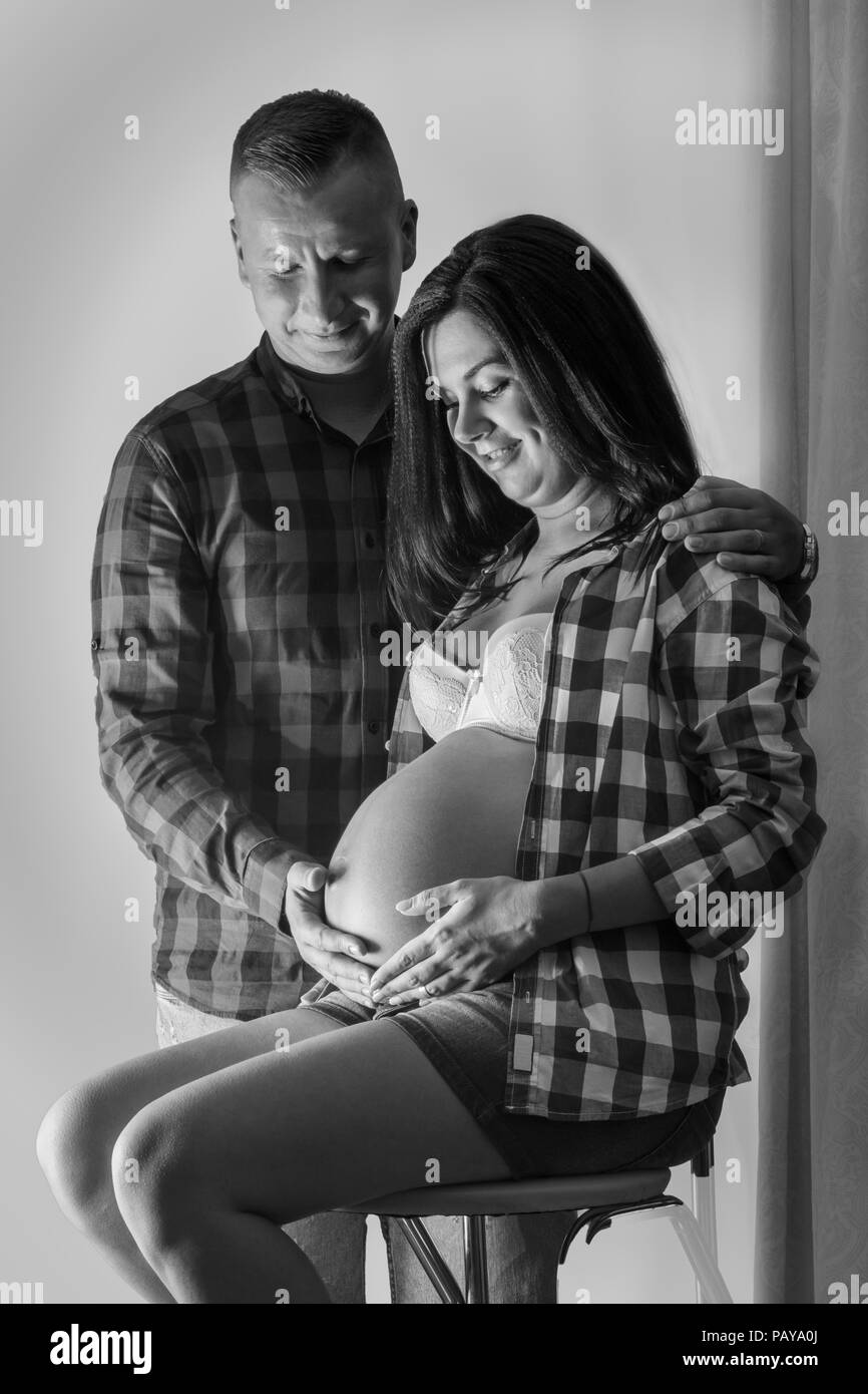 Black and white photo of heterosexual couple waiting for a baby Stock Photo