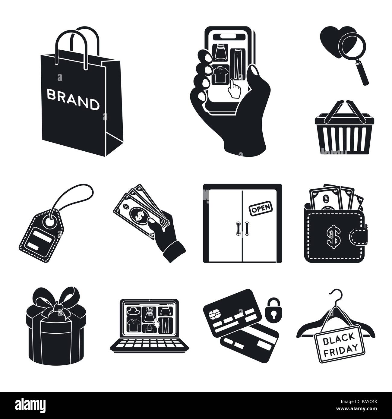 E-commerce, Purchase and sale black icons in set collection for design. Trade and finance vector symbol stock  illustration. Stock Vector