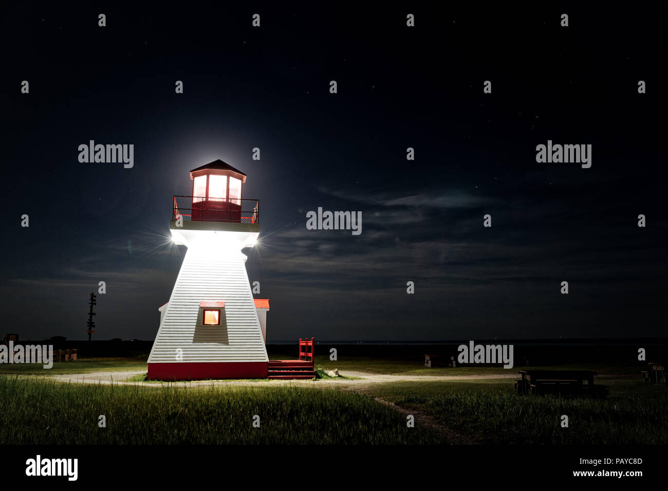 The lighthouse at Carleton in Gaspesie at night Stock Photo