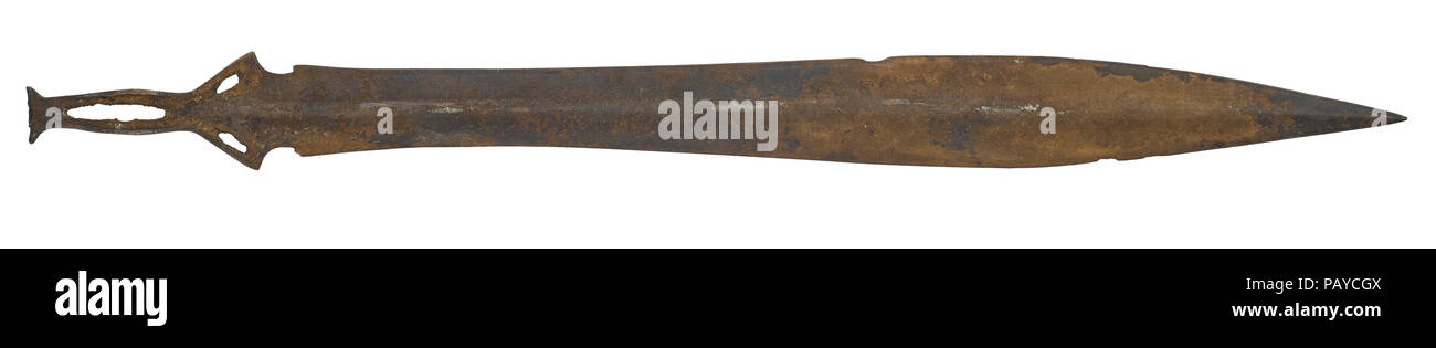 Bronze Age sword, British, Bronze Age. With leaf shaped blade and three slots  in the hilt Stock Photo