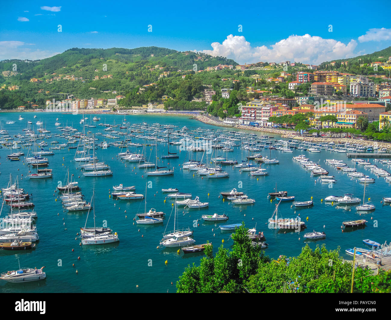 Beautiful aerial view of Gulf of Poets with sailing and motorboats in Lerici medieval town from San Giorgio castlet, La Spezia province, Ligurian Coast, Italy. Stock Photo
