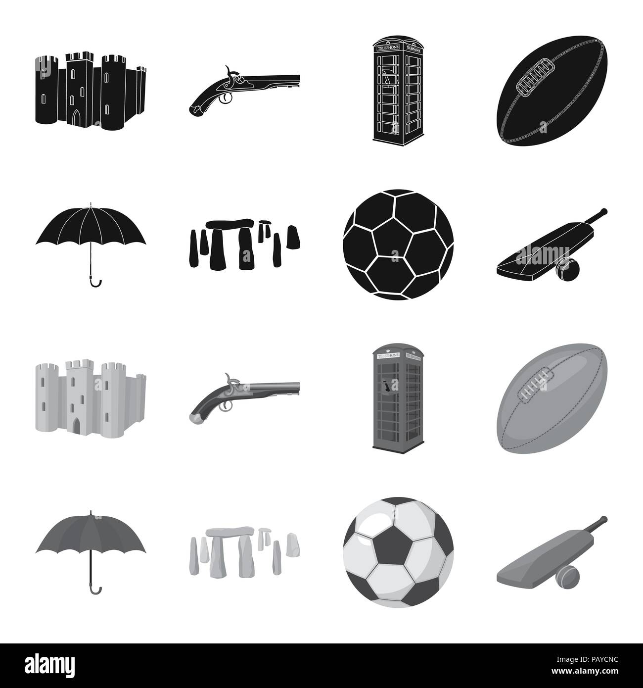 Umbrella, stone, ball, cricket .England country set collection icons in black,monochrome style vector symbol stock illustration . Stock Vector