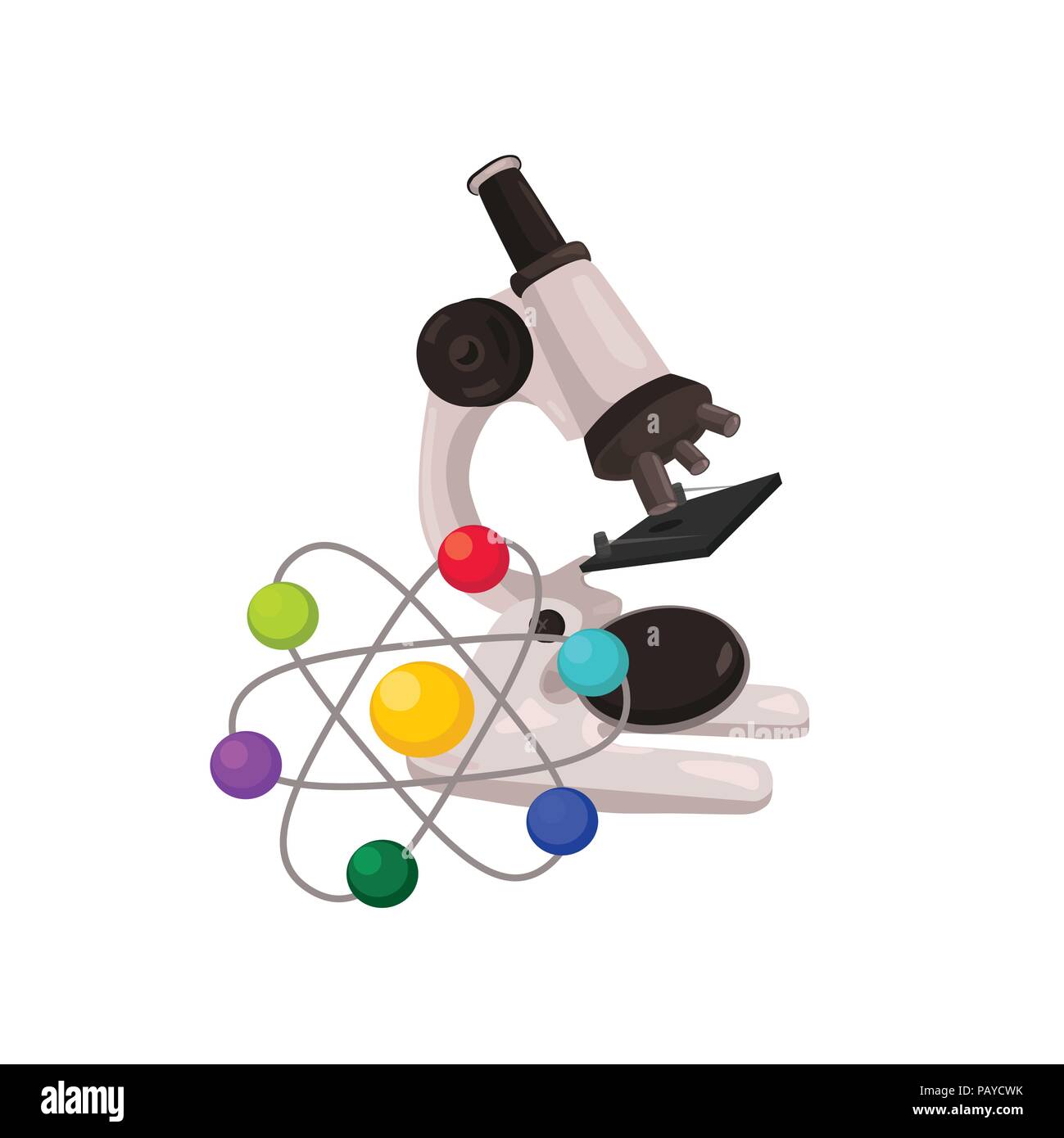 Hand drawn microscope with molecule isolated on white background. Vector illustration. Stock Vector