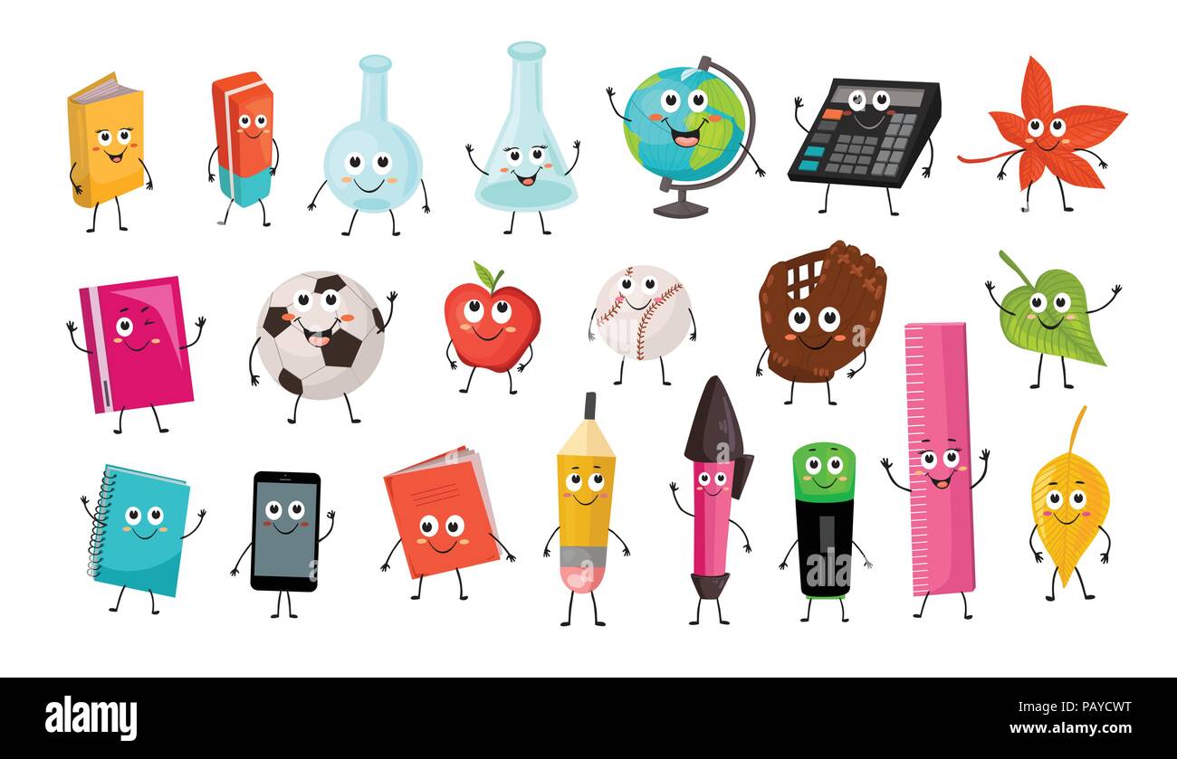Cute cartoon school characters collection. Vector illustration of school  objects isolated on white background. Back to school funny smileys Stock  Vector Image & Art - Alamy