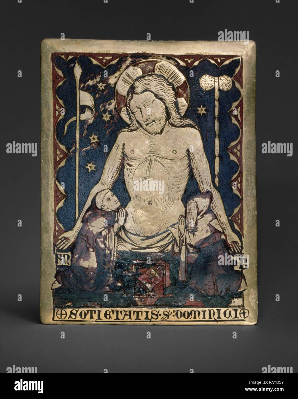The Man of Sorrows. Culture: Italian. Dimensions: Overall: 4 1/8 x 3 1/8 x 1/16 in. (10.4 x 8 x 0.2 cm). Date: last quarter 14th century.  A monk and a hooded figure, his back bared so that he can whip himself in penitence, kneel before a dreamlike vision of Jesus rising from his tomb. This plaque, with an inscription naming the society of Saint Dominic, was probably intended for private prayer by a member of a Dominican brotherhood.  Focus on the crucified Christ and his suffering was widespread in the 1300s. Pope John XXII (reigned 1316-34) declared that the Imago pietatis should be evoked d Stock Photo