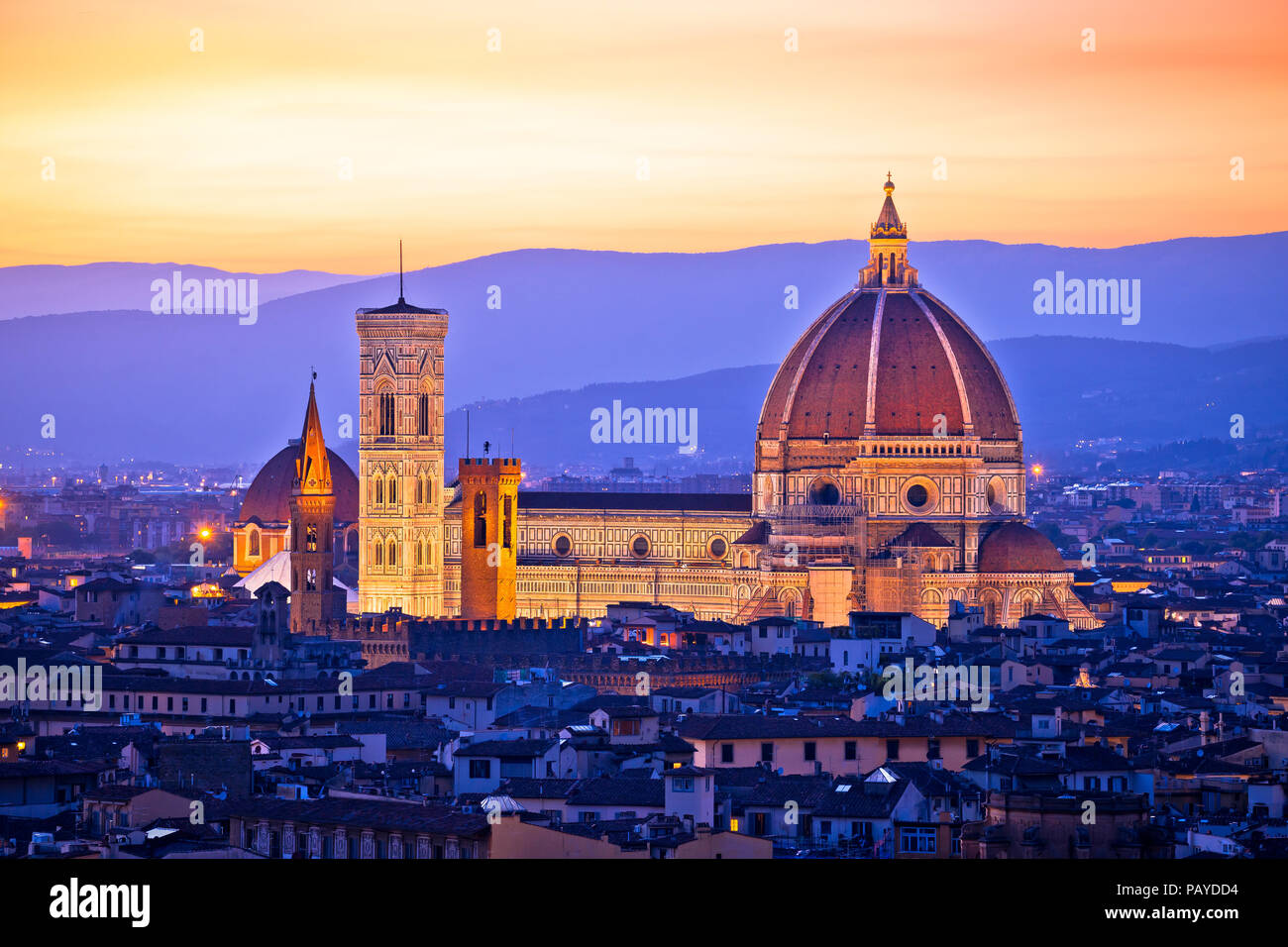 Florence Duomo aerial sunset view, Tuscany region of ITaly Stock Photo