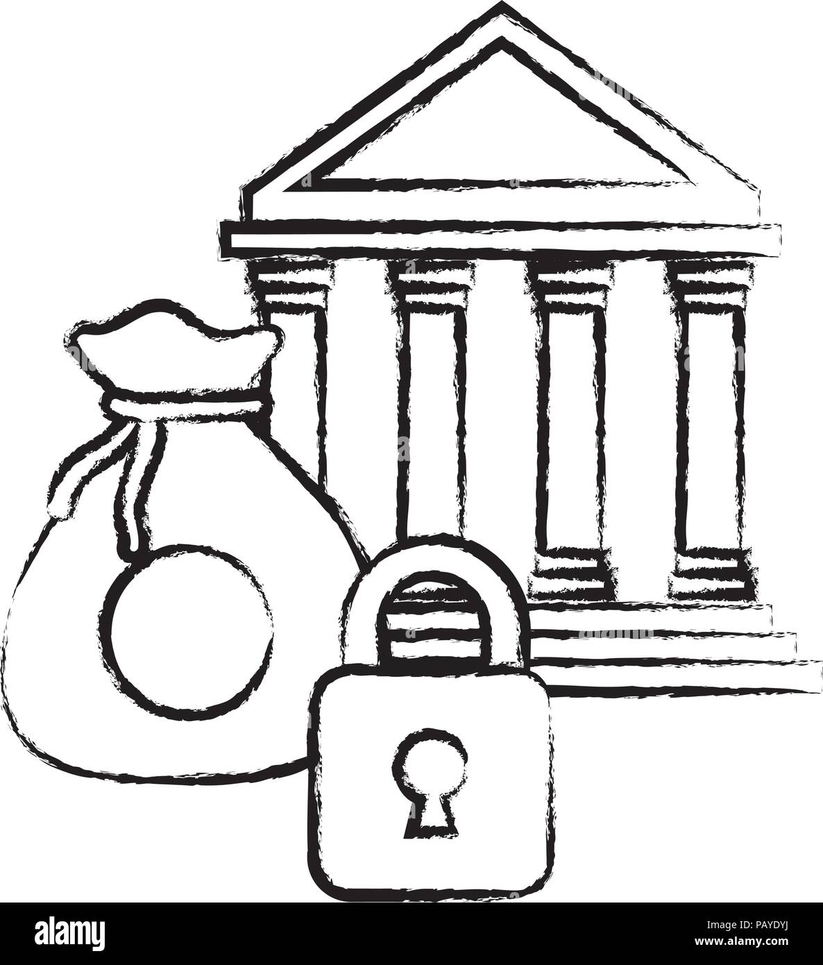 bank building with padlock and money sack icon over white background