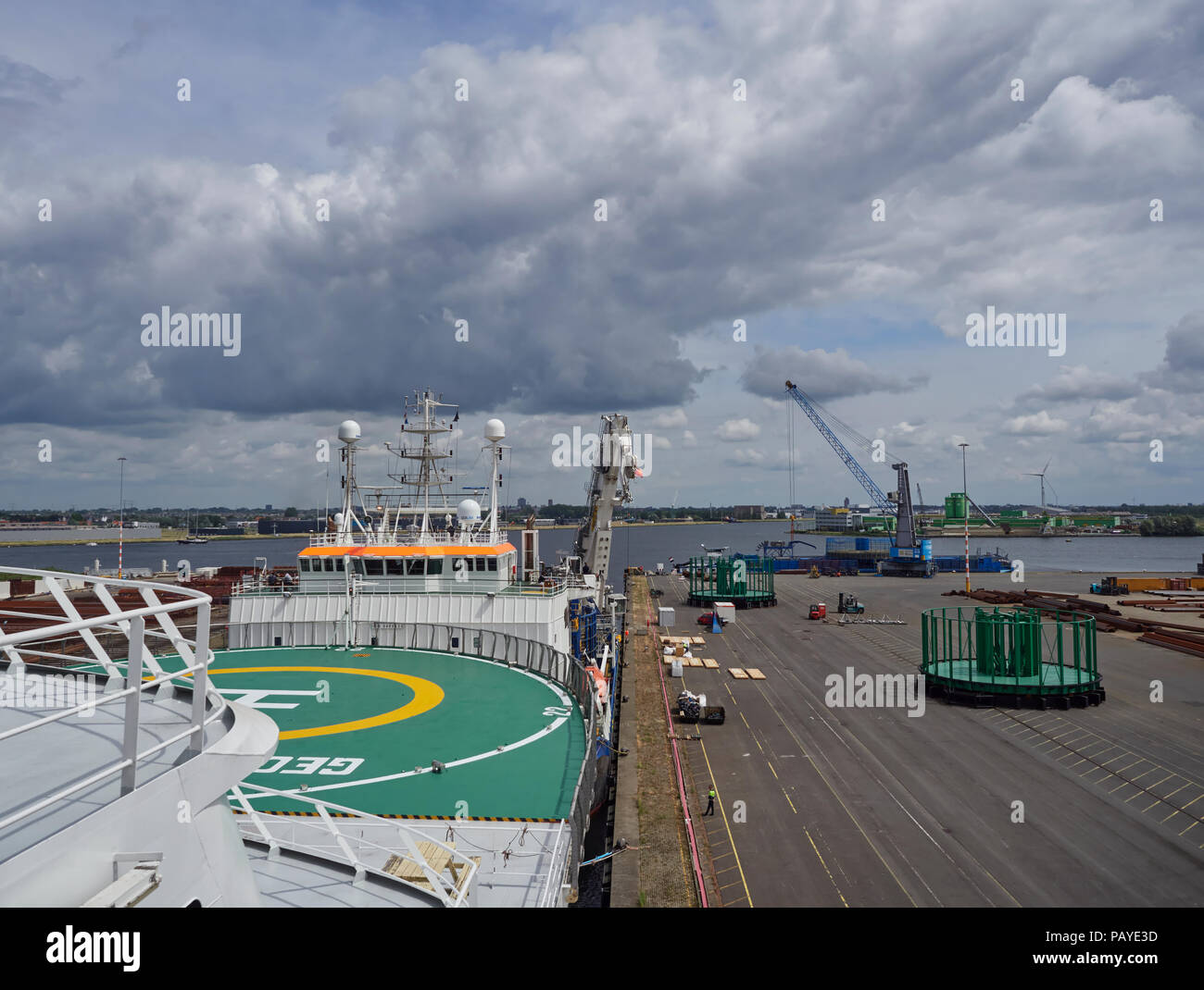 The Stemat Spirit Pictured from the Geo Caribbean Bridge awaiting to depart the Quayside at Den Haag Port in Amsterdam, Netherlands. Stock Photo