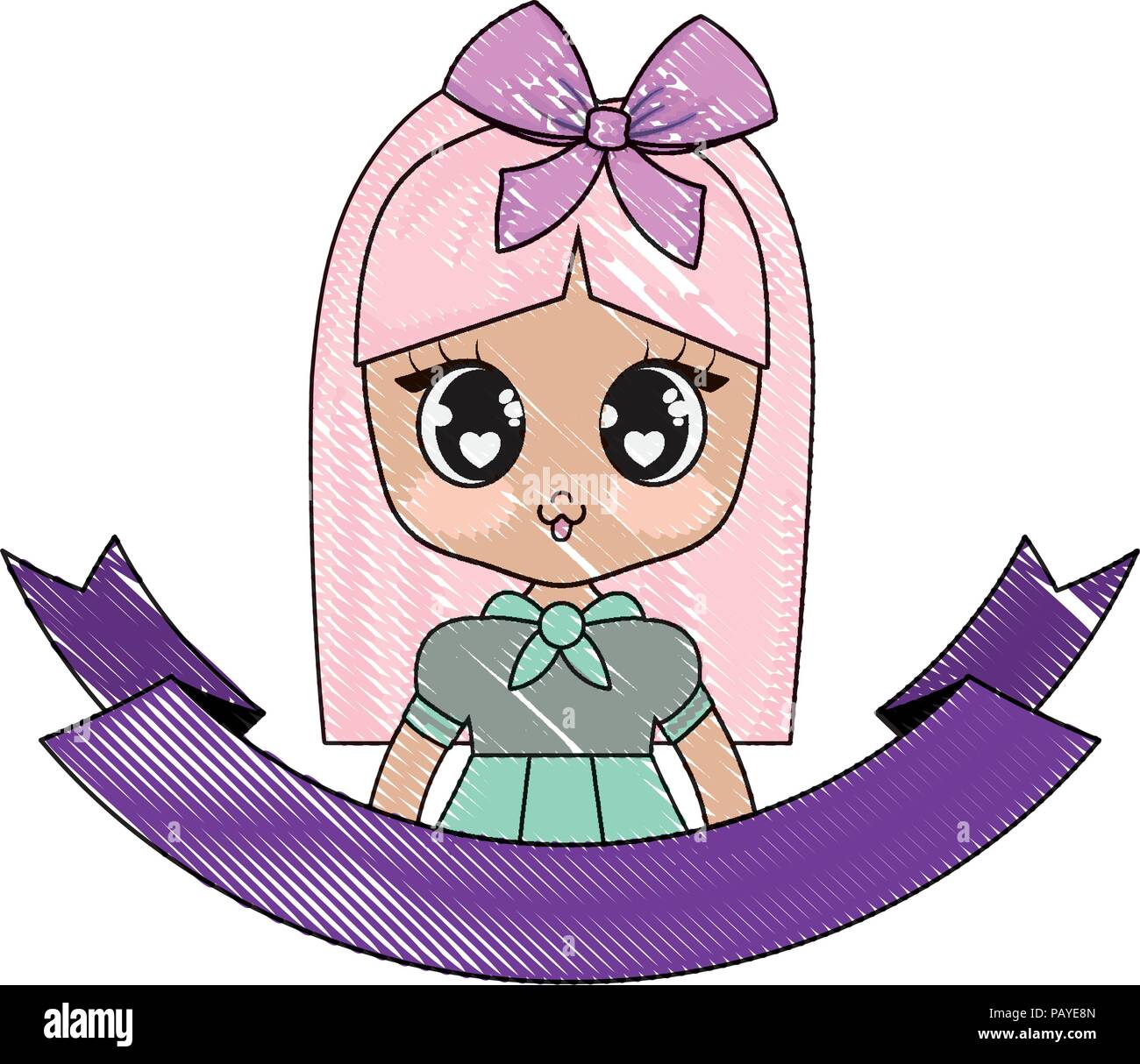 Decorative ribbon with cute Anime girl icon over white background ...
