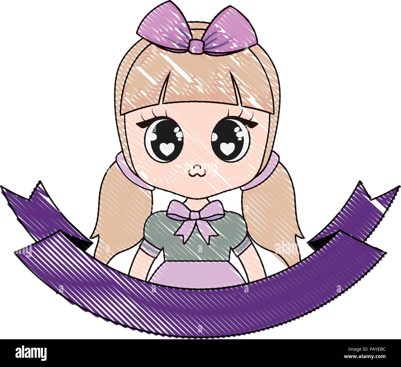 Decorative ribbon with cute Anime girl icon over white background ...