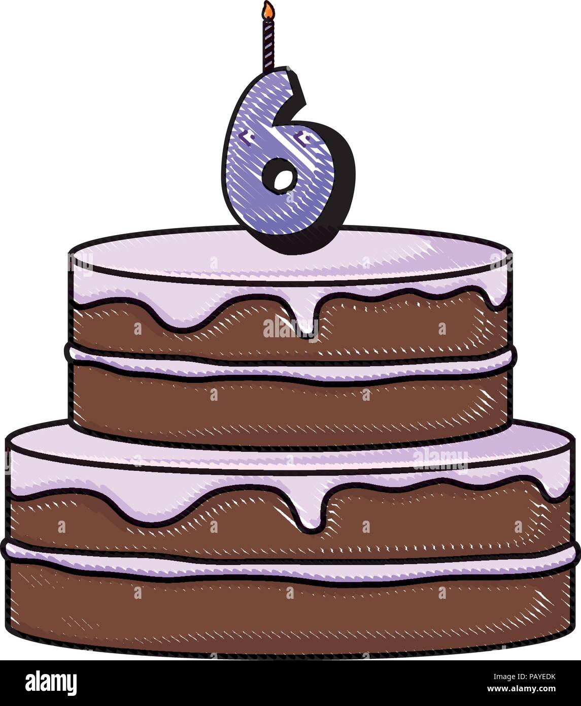 Birthday cake with number six candle over white background, vector