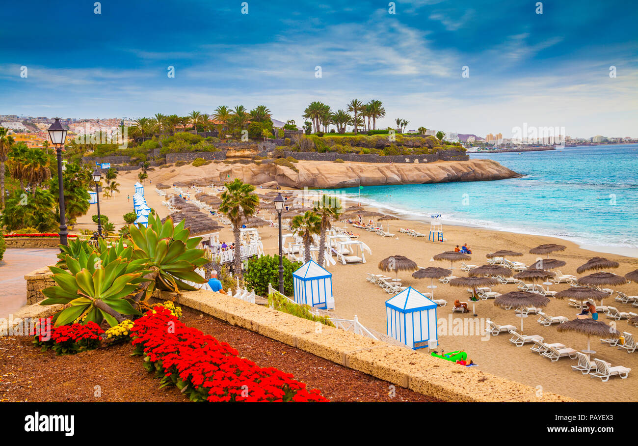 Beautiful summer holiday on EL Duque beach of Tenerife, on Adeje coast, Canary Island - Spain Stock Photo
