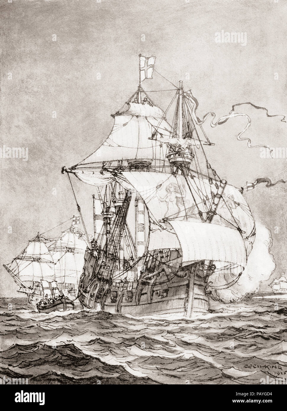 John Hawkins aboard the 16th century carrack, Jesus of Lübeck, entering along with several other English ships, San Juan de Ulúa (modern day Vera Cruz, Mexico) in September 1568, where they encountered a Spanish fleet, in the resulting battle Jesus of Lübeck was captured by Spanish forces.  From The Book of Ships, published c.1920. Stock Photo