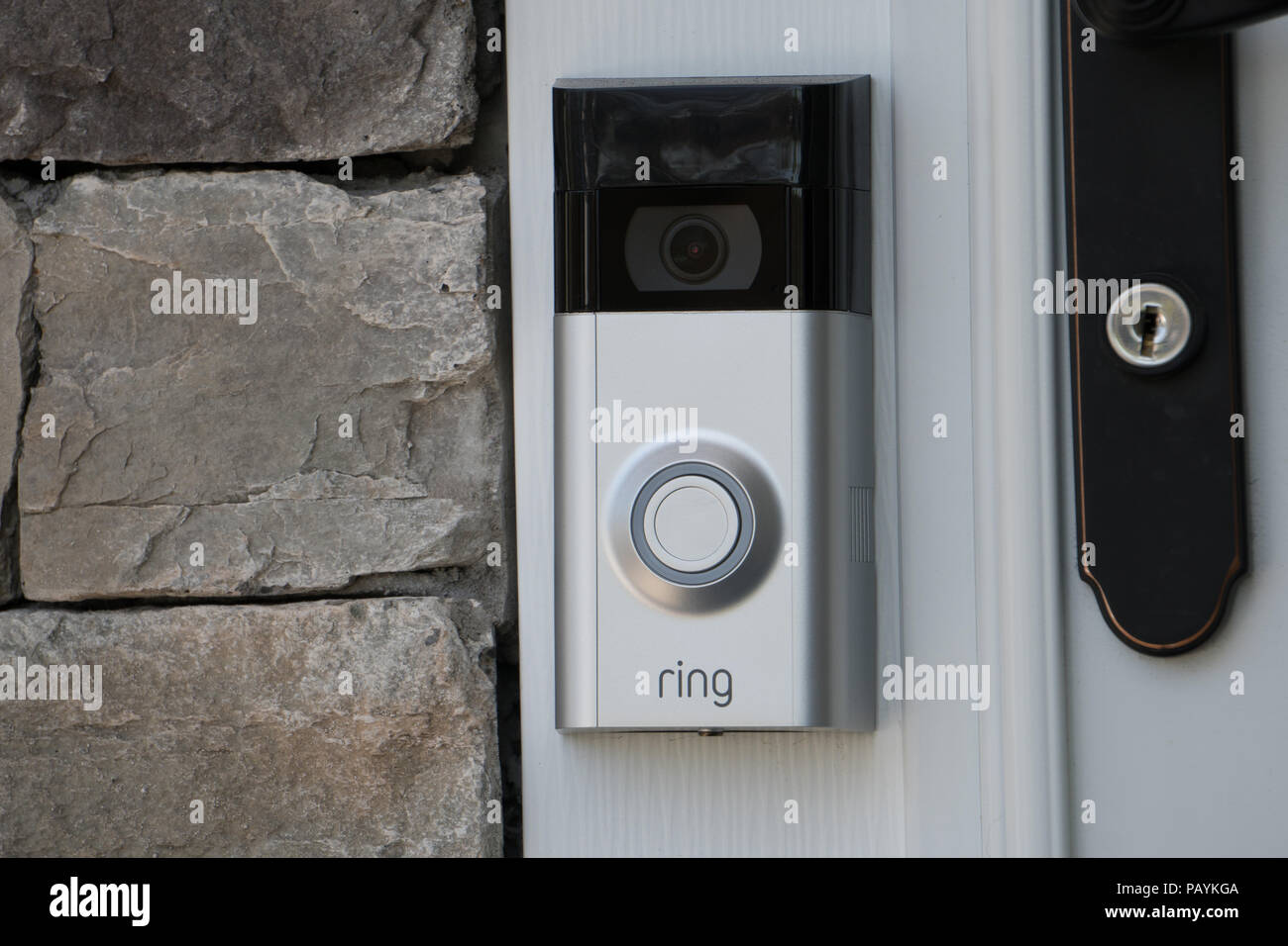 New York, USA - Circa 2018: Ring video doorbell owned by Amazon.  manufactures home smart security products allowing homeowners to monitor  remotely via Stock Photo - Alamy