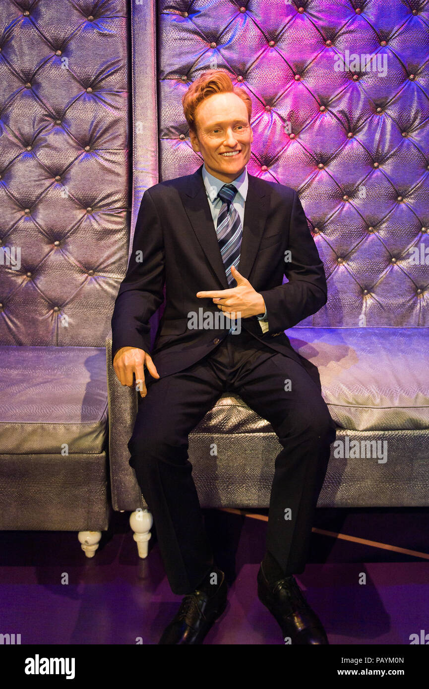 LOS ANGELES, USA - SEP 28, 2015: Conan O'Brien in  Madame Tussauds Hollywood wax museum. Marie Tussaud was born as Marie Grosholtz in 1761 Stock Photo