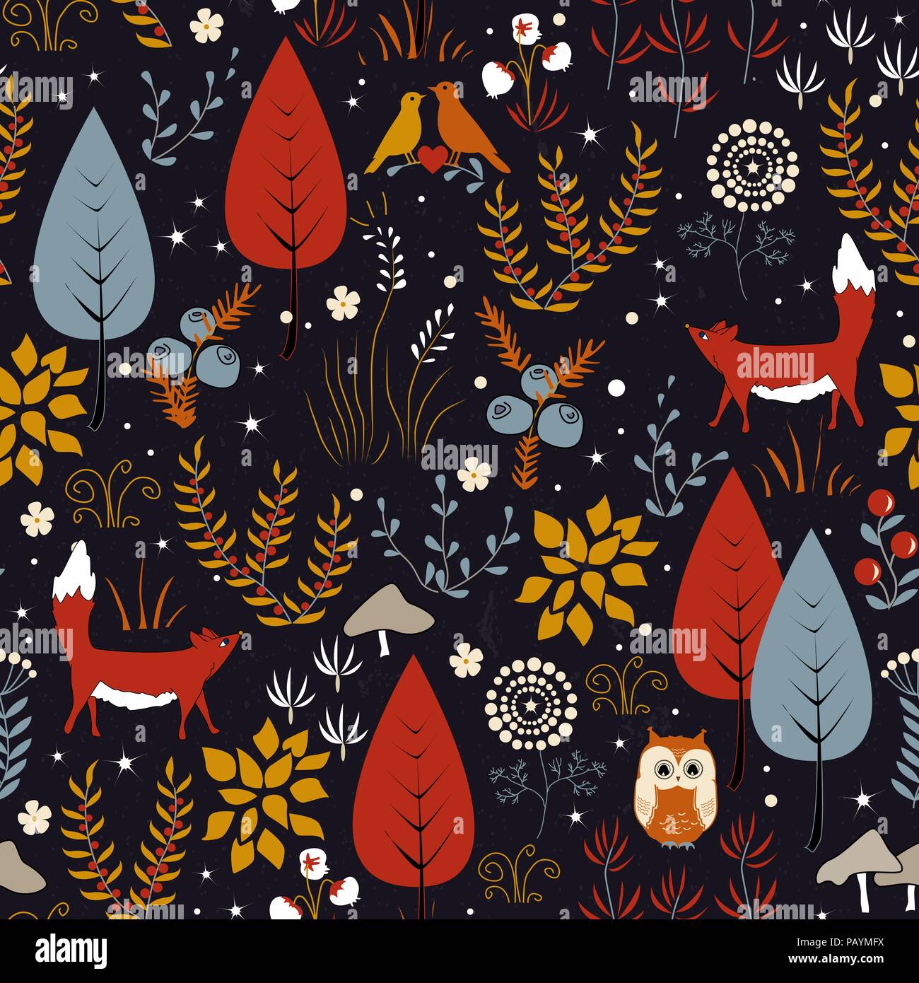 Cute vector seamless pattern with forest plants, birds, and foxes ...