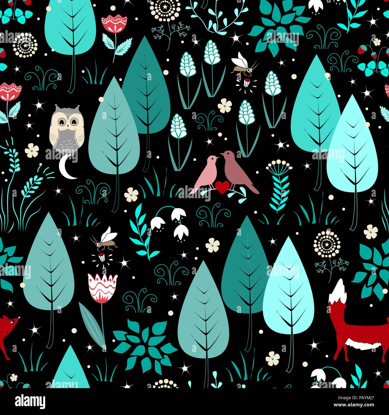 Spring or summer pattern with fox, birds, flowers, and trees. Cute magic forest background. Doodle vector Stock Vector