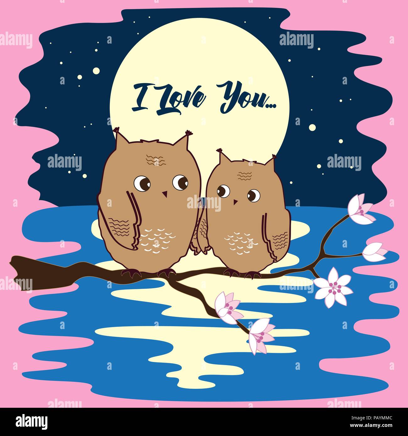 Cute owls couple in love at moon night. Romantic background. Vector illustration Stock Vector