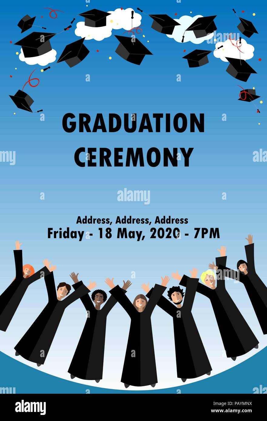 Vector banner ror draduation ceremony. Students celebrate their graduation by throwing their graduation hats in the air. Eduaction card or frame Stock Vector