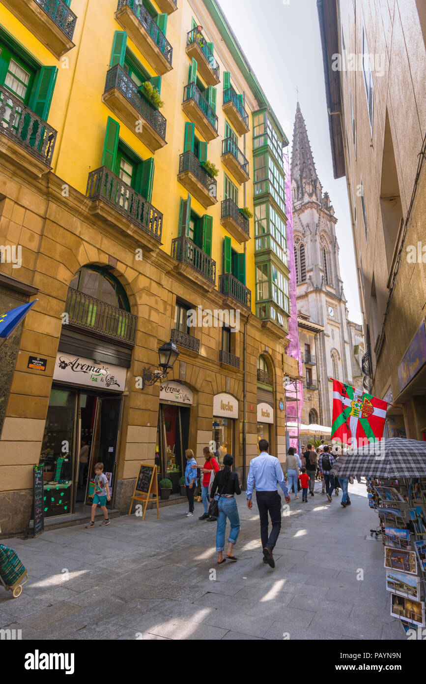 Bilbao street, view along a street towards the Catedral de Santiago in the center of the Casco Viejo (Old Town) area of Bilbao, Spain. Stock Photo