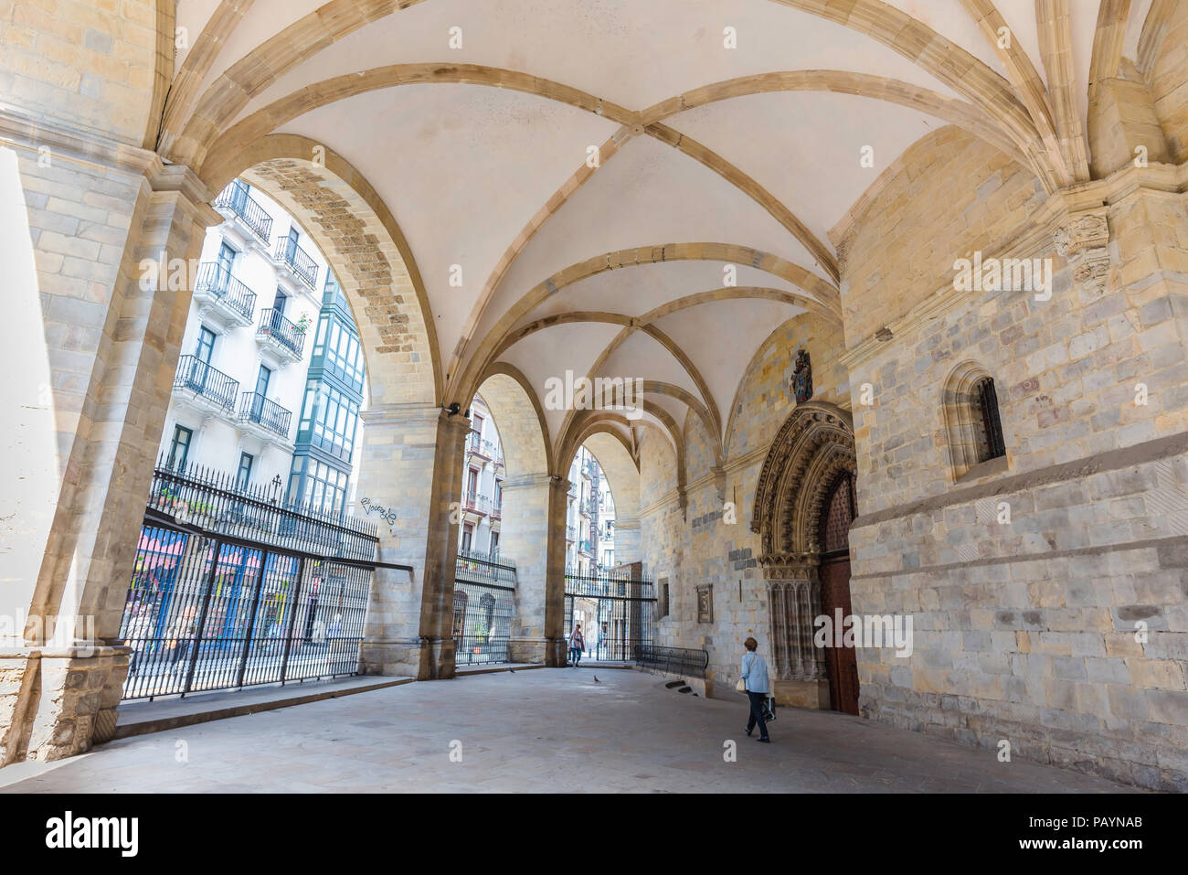 Bilbao Cathedral, view of the vaulted arcade sheltering the east door of the Catedral de Santiago in the Old Town (Campo Viejo) area of Bilbao, Spain. Stock Photo