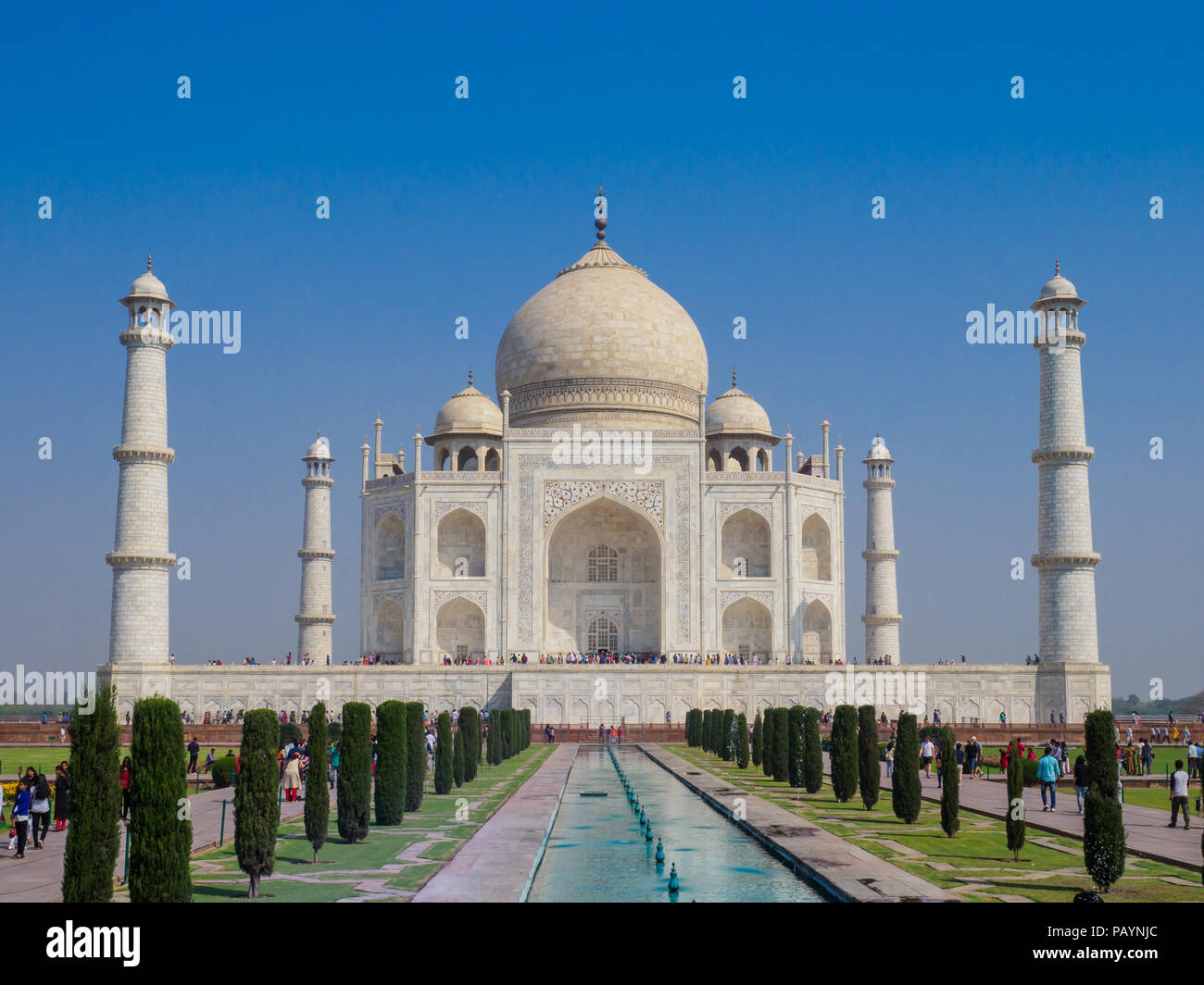 The Taj Mahal, the ivorywhite marble mausoleum in the city of Agra